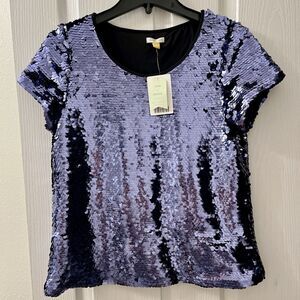 Leifsdottir for Anthropologie Sequin Top Blouse Medium Navy Blue Exclusive Glam